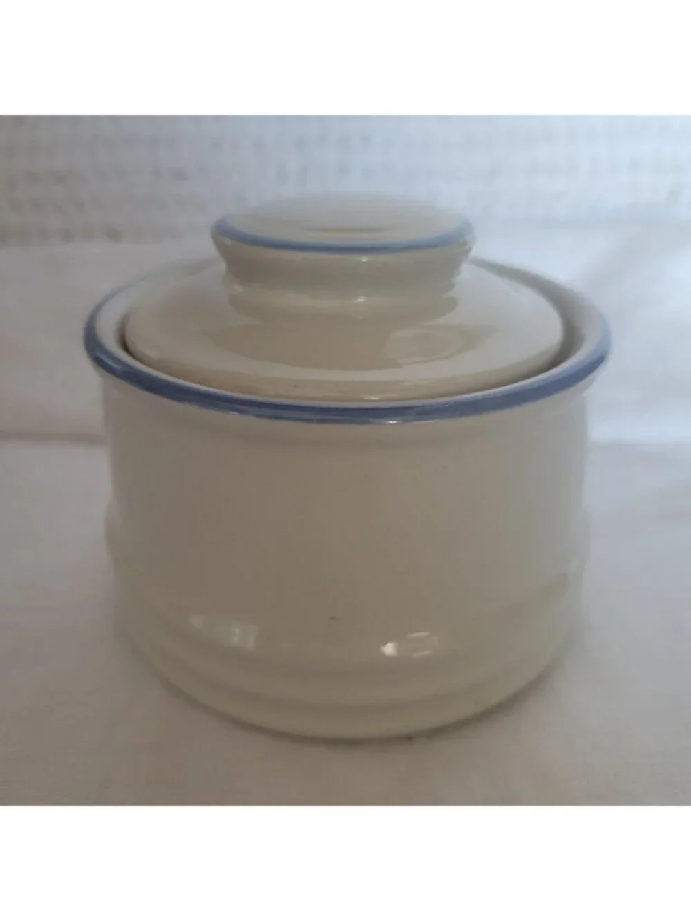 Stoneware Japan Sugar Bowl Vtg Cream w/blue stripe w/lid functional Country EUC